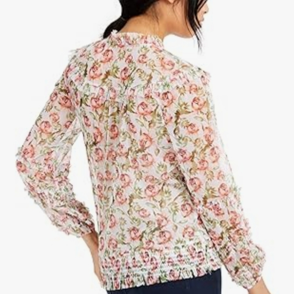 INC International Concepts Pink Rose Floral Chiffon Ruffle Smocked Blouse Small - Picture 5 of 15